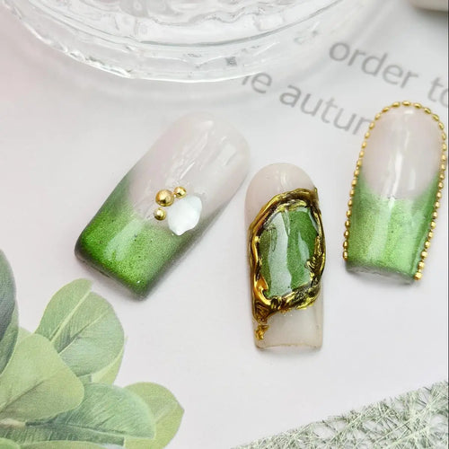  Handmade 3D Green French Tips Press-On Nails cashymart