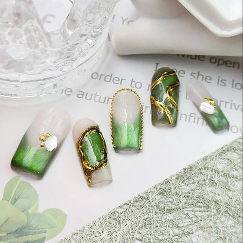  Handmade 3D Green French Tips Press-On Nails cashymart