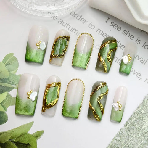  Handmade 3D Green French Tips Press-On Nails cashymart