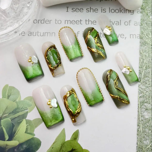  Handmade 3D Green French Tips Press-On Nails cashymart