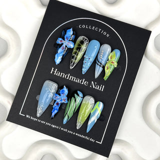  Handmade Blue Green Petals Press On Nails cashymart