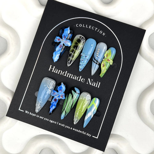  Handmade Blue Green Petals Press On Nails cashymart