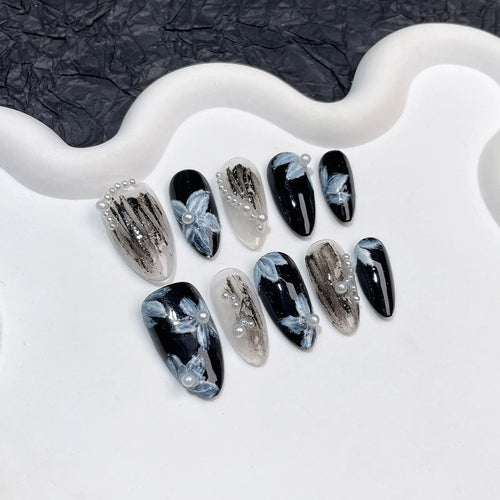  Handmade White Pearl Press on Nails with Flower Decor cashymart