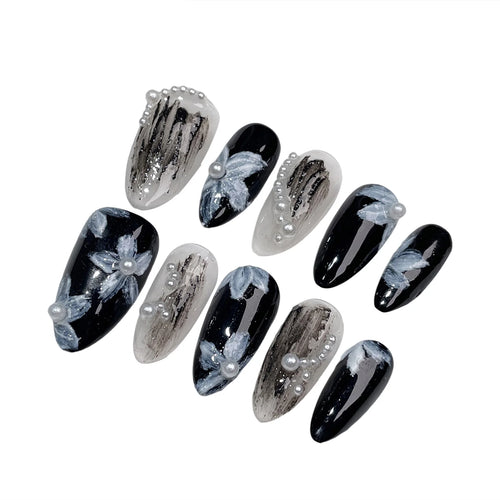  Handmade White Pearl Press on Nails with Flower Decor cashymart