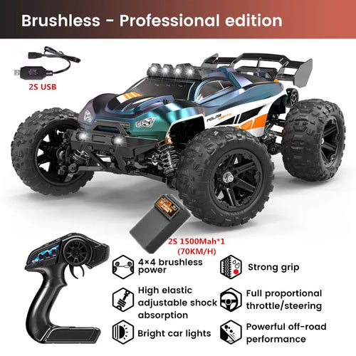  High-Speed 1:14 Brushless RC Off-Road Car with LED Lights & Waterproof Design cashymart
