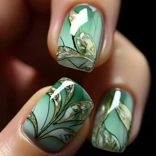 Jade Flower Glitter Press-On Nails cashymart