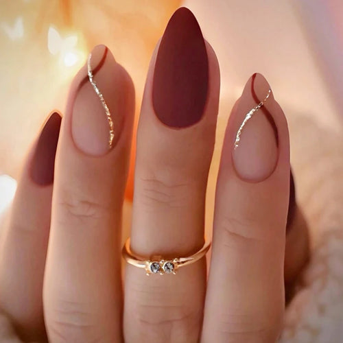  Medium Drop Shape Red & Gold Matte Press-On Nails cashymart