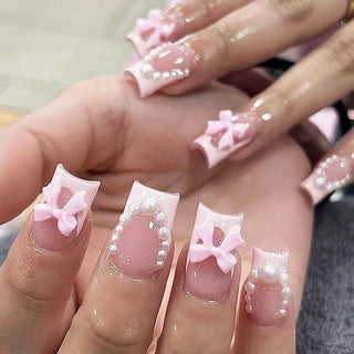  Mid Long Pink Leopard Press-On Nails with Bow cashymart