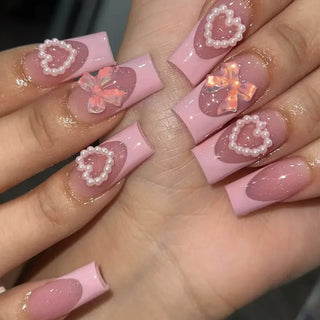  Mid Long Pink Leopard Press-On Nails with Bow cashymart