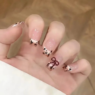  Mid Long Pink Leopard Press-On Nails with Bow cashymart