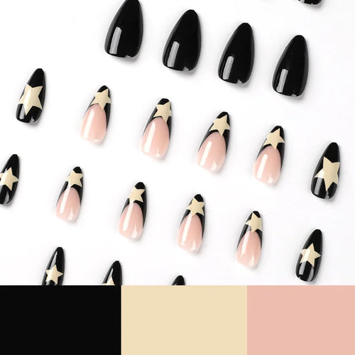  Milky White Stars Black French Wearable Nail Art cashymart