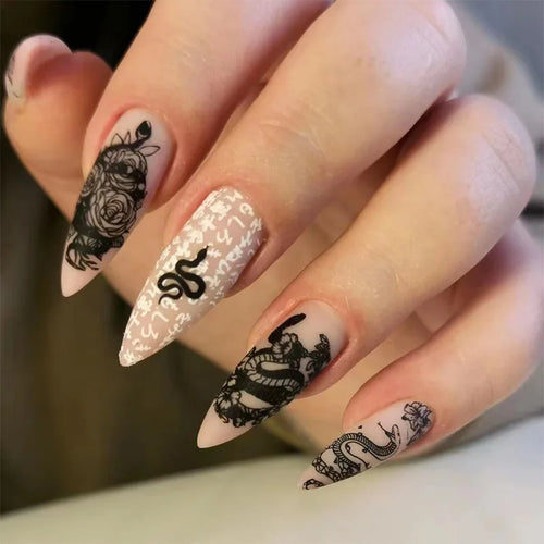  Milky White Stars Black French Wearable Nail Art cashymart