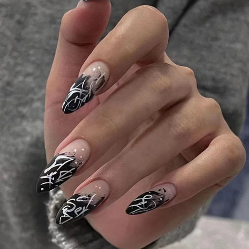  Milky White Stars Black French Wearable Nail Art cashymart