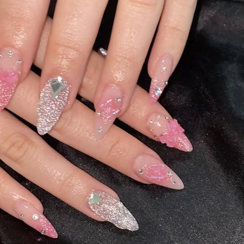  Pearl-Accented Black Almond Press-On Nails cashymart