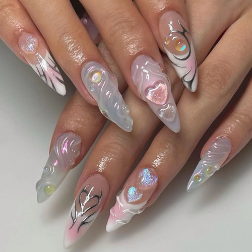  Pearl-Accented Black Almond Press-On Nails cashymart