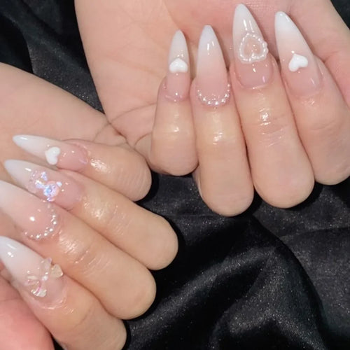  Pearl-Accented Black Almond Press-On Nails cashymart