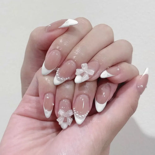  Pearl-Accented Black Almond Press-On Nails cashymart
