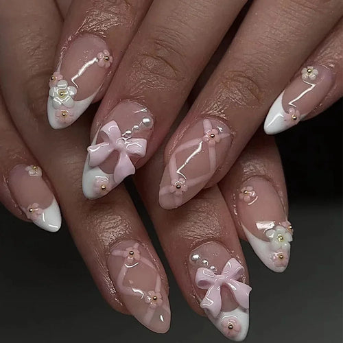  Pearl-Accented Black Almond Press-On Nails cashymart