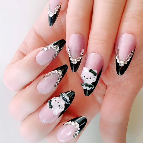  Pink Almond Fake Nails with Black Tip cashymart
