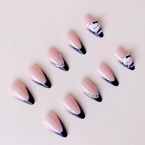  Pink Almond Fake Nails with Black Tip cashymart