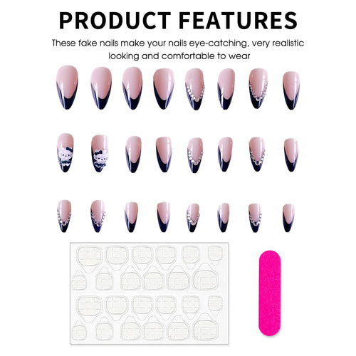  Pink Almond Fake Nails with Black Tip cashymart
