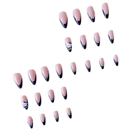  Pink Almond Fake Nails with Black Tip cashymart