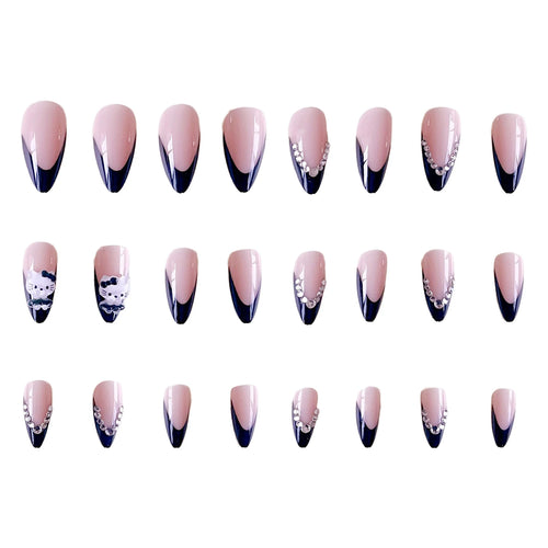  Pink Almond Fake Nails with Black Tip cashymart