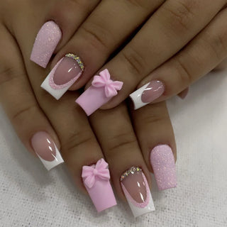  Pink French Style 3D Bowknot Press-On Nails cashymart