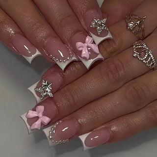  Pink French Style 3D Bowknot Press-On Nails cashymart