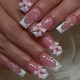  Pink French Style 3D Bowknot Press-On Nails cashymart