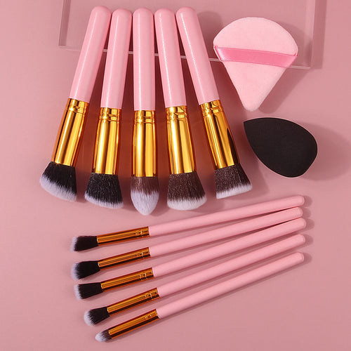  Pink Wooden Handle Makeup Brush Set 10pcs cashymart