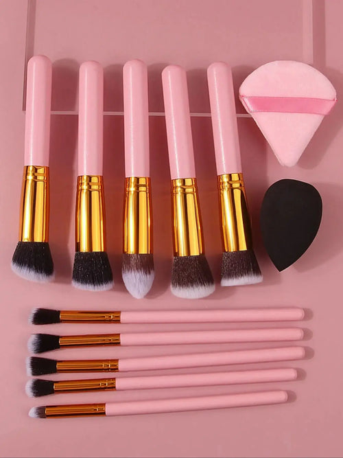  Pink Wooden Handle Makeup Brush Set 10pcs cashymart