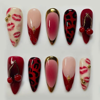  Red Almond False Nails Cherry Design Set cashymart