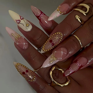  Red Almond False Nails Cherry Design Set cashymart