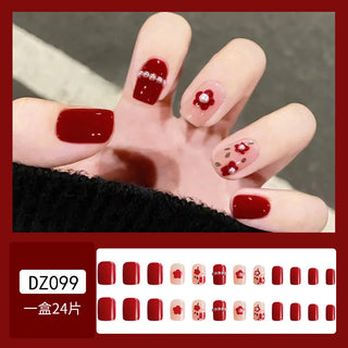  24Pcs 3D Floral Glitter Red Coffin Press-On Nails cashymart