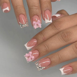  Pink French Style 3D Bowknot Press-On Nails cashymart