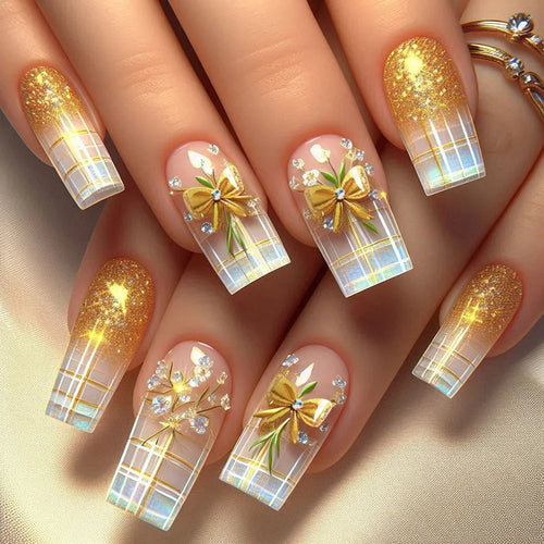 Golden Stripe Press On Nails Set 24pcs