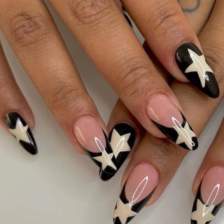  Milky White Stars Black French Wearable Nail Art cashymart