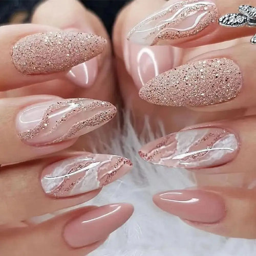 Set de 24 Piezas Uñas Postizas Falsas Largas en Forma de Almendra para Manicura DIY