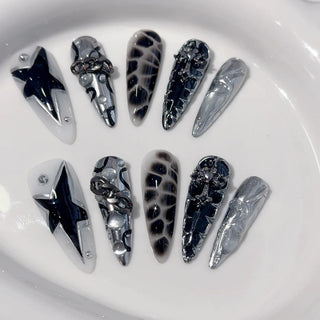  Black Star Snake Pattern Almond Press-On Nails cashymart