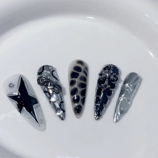  Black Star Snake Pattern Almond Press-On Nails cashymart