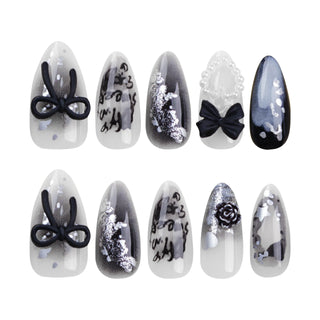  Pearl-Accented Black Almond Press-On Nails cashymart