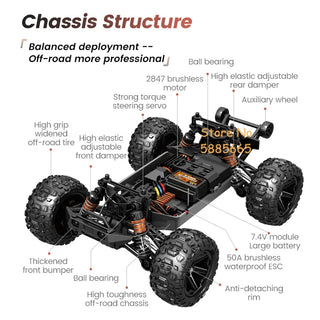  High-Speed 1:14 Brushless RC Off-Road Car with LED Lights & Waterproof Design cashymart