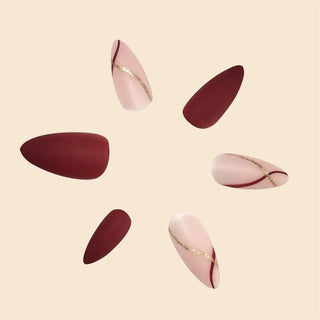  24Pcs Medium Drop Shape Red & Gold Matte Press-On Nails cashymart