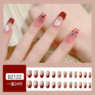  24Pcs 3D Floral Glitter Red Coffin Press-On Nails cashymart