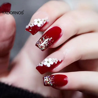  24Pcs 3D Floral Glitter Red Coffin Press-On Nails cashymart