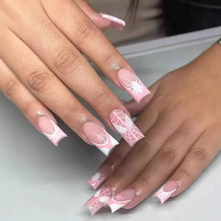  Pink Spider Web Coffin Press-On Nails cashymart