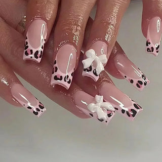  Mid Long Pink Leopard Press-On Nails with Bow cashymart