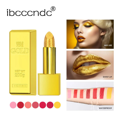  Shimmer Gold Lipstick Metallic Glitter Long Lasting 3.5g cashymart