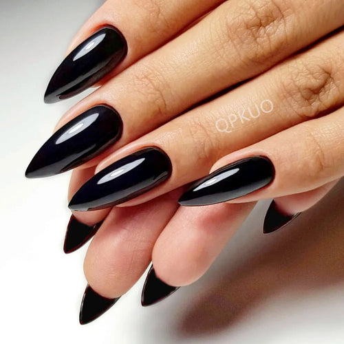  Shiny Black Stiletto Fake Nails cashymart